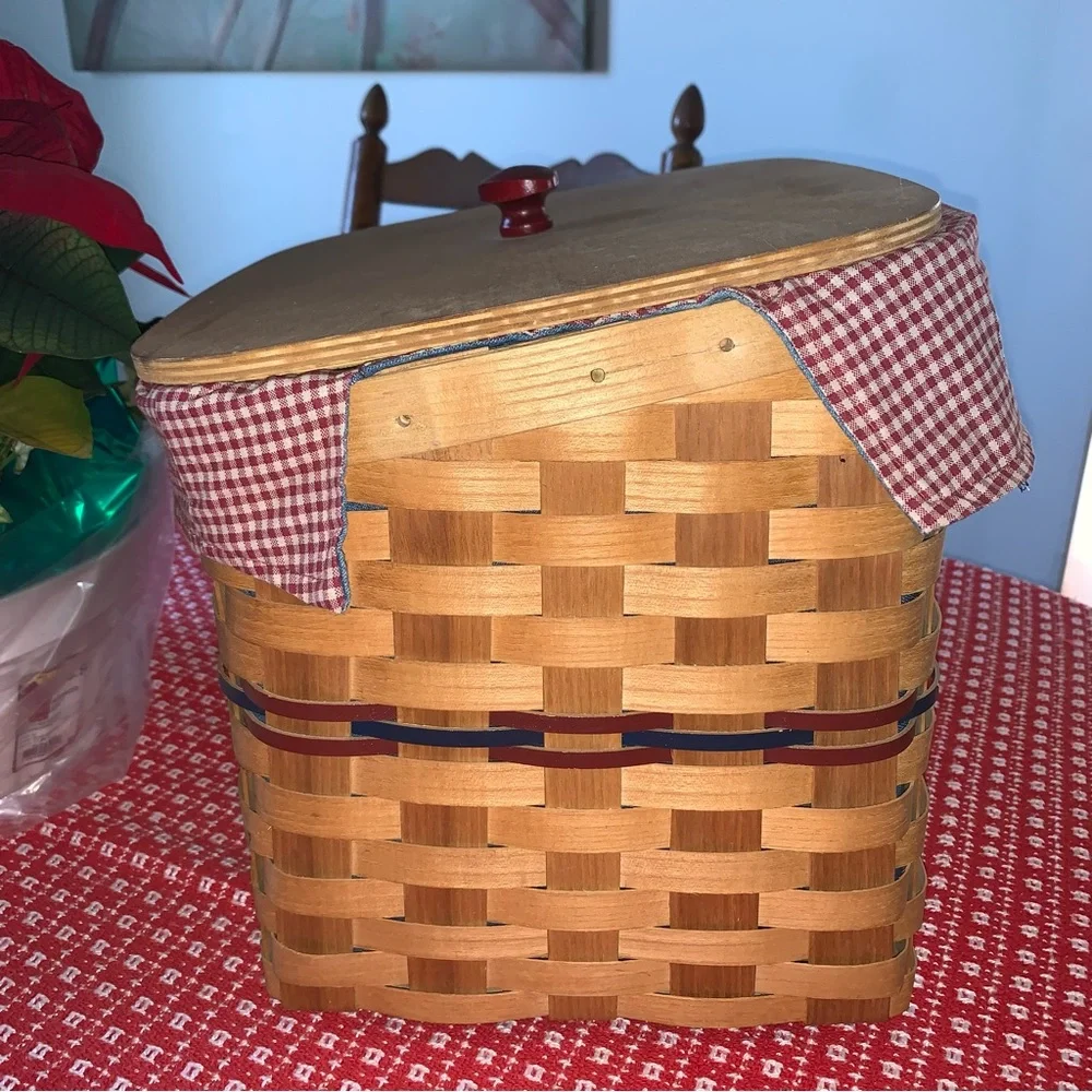 Peterboro Basket Co. NH Heart Knob Wood Covered Basket Gingham Denim Cloth